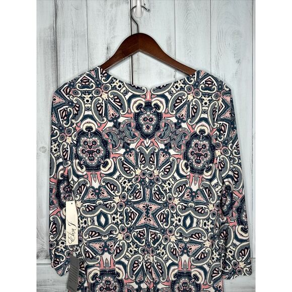 NWT ELIZA J BLUE PINK PAISLEY MOSAIC 3/4 SLEEVE STRETCH JERSEY SHIFT DRESS 14 - Picture 10 of 16
